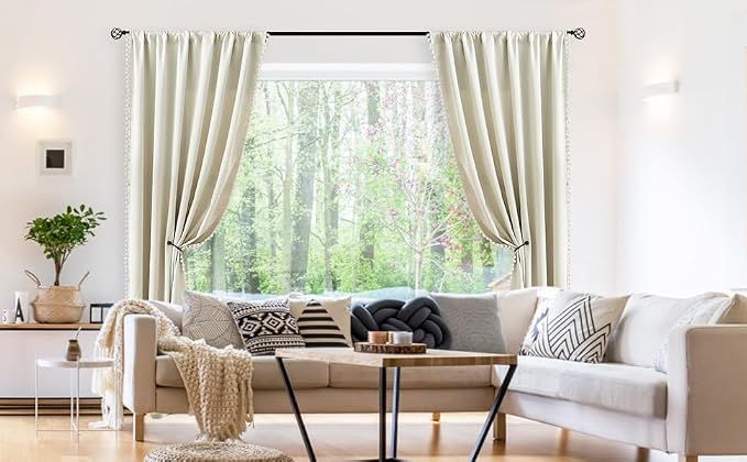 Treatmentex Natural Blackout Curtains for Bedroom Living Room 90inch Long Iovry/Beige Pom Pom Curtain Panels for Windows Thermal Insulated Curtains for Kids Nursery Room Rod Pocket 52" W x 2pcs