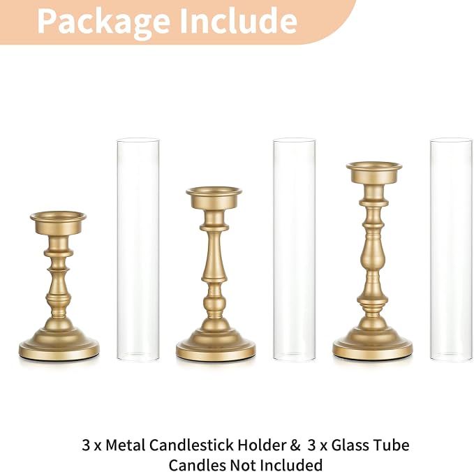 NUPTIO Hurricane Candle Holder for Centerpiece: Set of 3 Gold Candlestick Holders with Glass Shade - Vintage Taper Candleholder for Christmas Dining Table Fireplace Mantle Decor