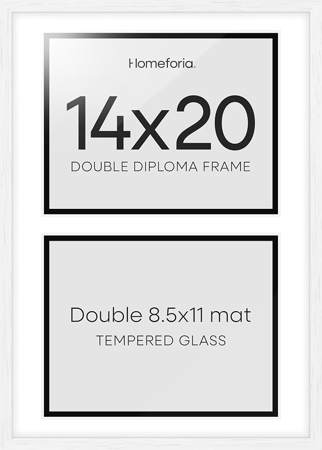 Homeforia 14x20 Double Diploma White Frame, High End Oak 14 x 20 Certificate Wood Frames with Mat for Two 8.5x11 Diplomas, 20x14 Wooden Dual Award Graduation Frames, Tempered Glass, Wall Kit, Set of 2