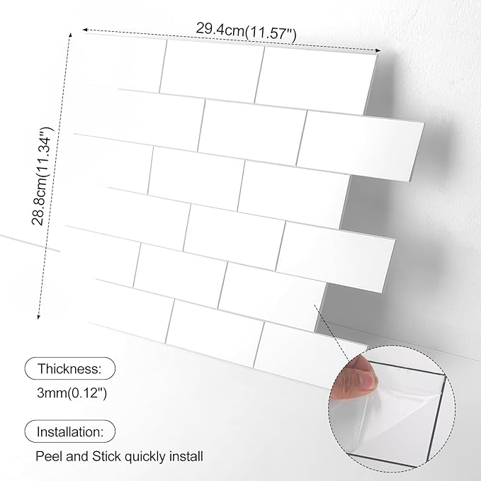 2026 New Upgrade Peel and Stick Backsplash Tile, Peel and Stick 11.34" X 11.57" Wall Tile for Kitchen, Bathroom, Fireplace, Laundry (Pure White, 10 Packs)