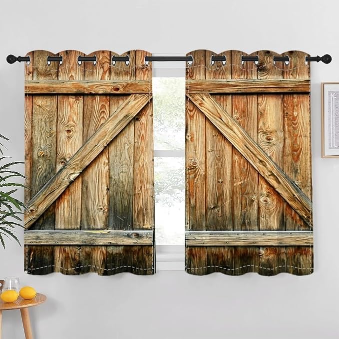 Closed Door Barn Door Curtains Rustic Vintage Wood Door Wooden Plank Window Curtains Farmhouse Countryside Living Room Kitchen Curtain Drapes Treatments Grommets Top,21x45 inch,2 Panels