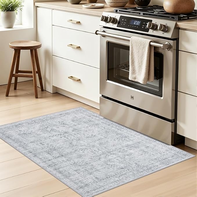 Machine Washable Area Rugs 2x3: Vintage Boho Neutral Washable Rug Indoor Soft Small Entryway Throw Carpet for Living Room Bedroom Kitchen Laundry Floor Non-Slip Low Pile Entrance Rug Gray