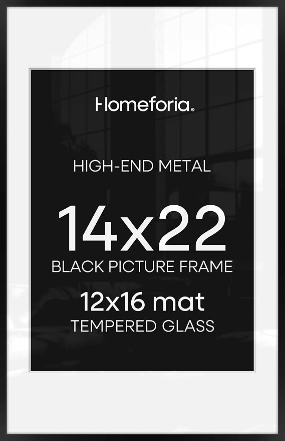 Homeforia 14x22 Picture Frame Black, High End Metal 14 x 22 Poster Frames with Mat 12 x 16 for Photo, 14x22 Black Frame Matted to 12x16 inch Print, 22x14 Thin Frame, Tempered Glass, Wall Kit, Set of 3
