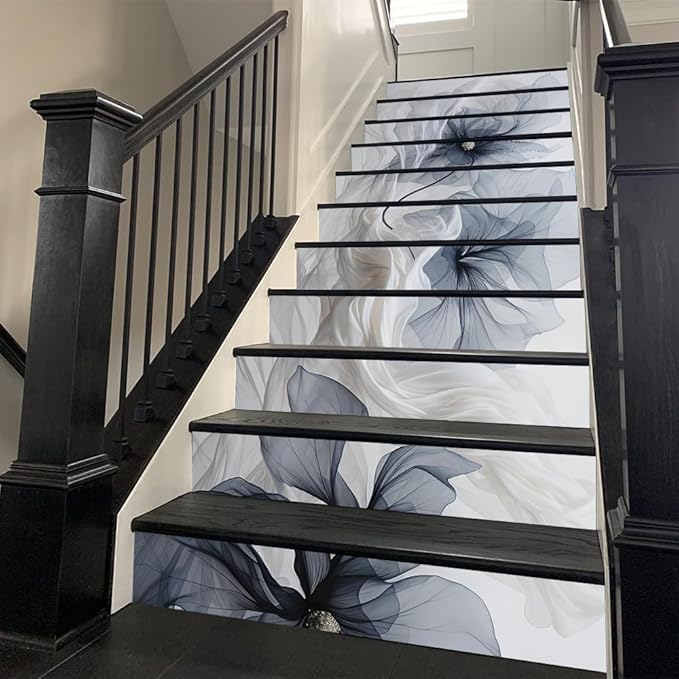 REDAMANCY Modern Grey/Navy/Blue Poppy Floral Peel and Stick Vinyl Stair Riser Decals Staircase Tile Stickers Decor Modern Marble Decoration Self-Adhesive(14 Pcs)