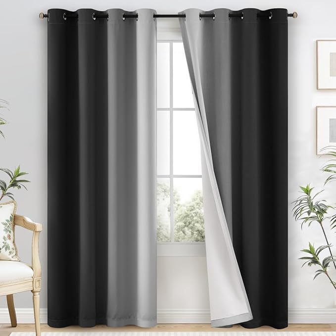 Yakamok 100% Blackout Curtains Ombre Black Curtains for Bedroom 84 Inch | 2 Layers,Room Darkening Grommet Gradient Drapes,Light Blocking Thermal Insulated Window Curtains for Living Room 52W x 84 L
