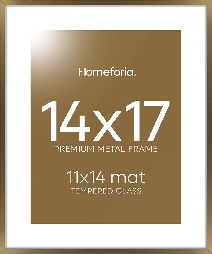 Homeforia 14x17 Picture Frame Bronze, High End Metal 14x17 Brass Poster Frames with Mat 11x14 for Photo, 14 x 17 Frame Matted to 11 by 14 Print, 17x14 Hanging Frame, Tempered Glass, Wall Kit, Set of 3