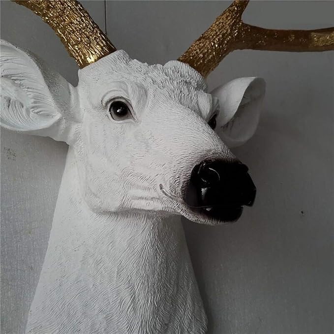 YJ Home Larger Faux Deer Head - Rustic Wall Decor Deer Antlers,Faux Taxidermy Animal Head Wall Decor - Handmade Farmhouse Decor (White haed gold antlers, 27.5''Wx20''H)