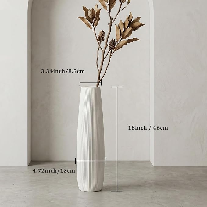Ceramic Large White Vase, 18" Tall Floor Vase, Big Decorative Flower Vases for Floor Table Decor Living Room Modern Home Office Bedroom, Farmhouse, Glossy Glaze (18 Inch Tall)