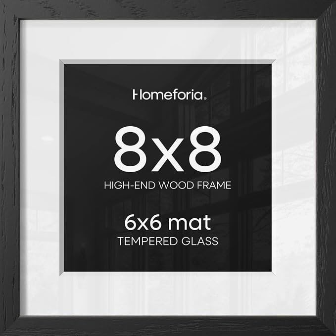 Homeforia 8x8 Picture Frame Black Wood, High-End Oak 8 x 8 Square Frames with Mat 6 by 6 inch Photo, 8x8 Wooden Frame Matted to 6x6 Art, 8by8 Wall or Tabletop Frame, Tempered Glass, Wall Kit, Set of 1