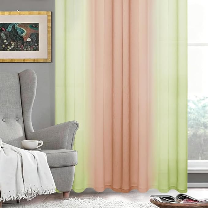 DWCN Ombre Sheer Curtains - Faux Linen Semi Voile Grommet Top Gradient Curtains for Bedroom and Living Room, Set of 2 Window Curtain Panels, 52 x 84 Inch Length（Sage Green and Pink