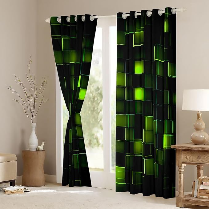 Castle Fairy Dark Green Block Window Curtain | Geometric Honeycomb Blackout Curtain for Boys Bedroom Decor,Video Games Curtains Modern Cool 3D Living Room Top 2 Panels,42Wx63L