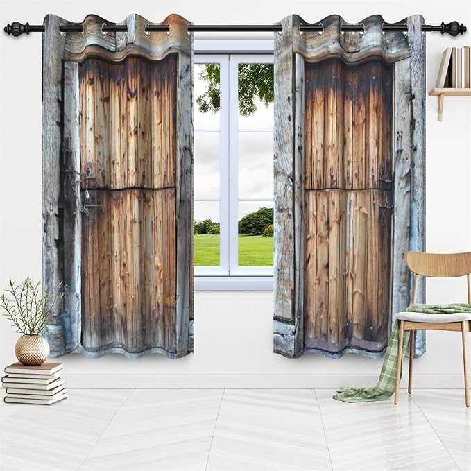 Rustic Barn Door Window Curtains Vintage Dilapidated Wooden Door Blackout Curtains Window Drapes for Living Room Bedroom Rural Farmhouse Farm Kitchen Window Treatment,53x72 inch,2 Panels