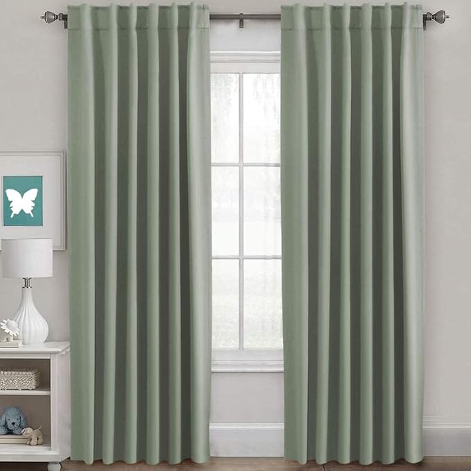 H.VERSAILTEX Back Tab Sage Green Curtains 90 Inch Long for Living Room, Rod Pocket Room Darkening Thermal Insulated Blackout Curtains, 52 x 90 Inch, Light Sage, 2 Panels