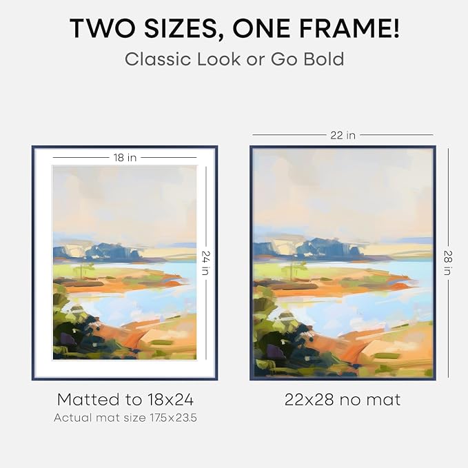 Homeforia 22x28 Navy Blue Picture Frame, High End Metal 22x28 Poster Frames with Mat 18x24 inch Photo, 22 x 28 Thin Frame Matted to 18 x 24 Print, 28x22 Large Frame, Tempered Glass, Wall Kit, Set of 2