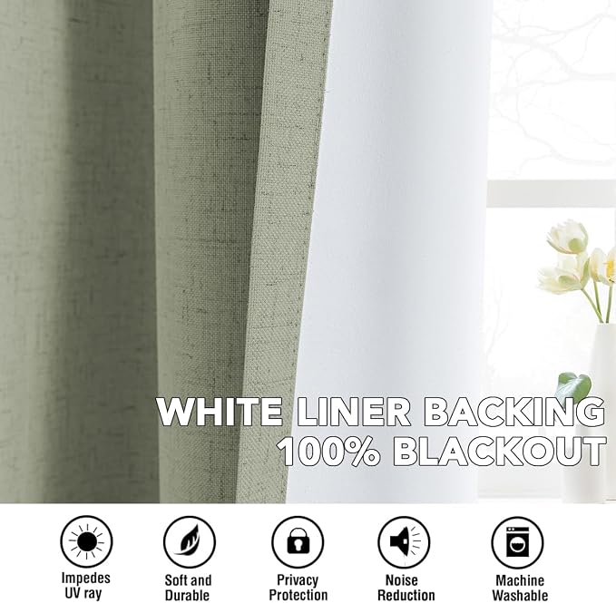 H.VERSAILTEX Linen Curtains 100% Blackout Curtains for Bedroom 84 inch Long Full Light Blocking Nature Linen Blended Window Curtains for Living Room Nickel Grommet (2 Panels, Heathered Tea)