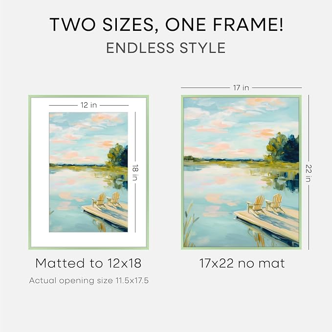Homeforia 17x22 Picture Frame Sage Green, High End Metal 17x22 Poster Frames with Mat 12x18 Photo, 17 x 22 Sage Green Frame Matted to 12 by 18 Art, 22x17 Thin Frame, Tempered Glass, Wall Kit, Set of 2