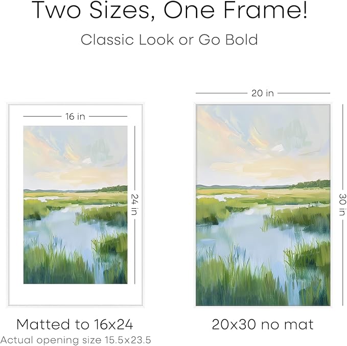 Homeforia 20x30 Poster Frame White, High End Metal 20 x 30 Picture Frames with Mat 16 by 24 inch Photo, 30x20 Large Frame for Wall, 20x30 Thin Frame Matted to 16x24, Tempered Glass, Wall Kit, Set of 2