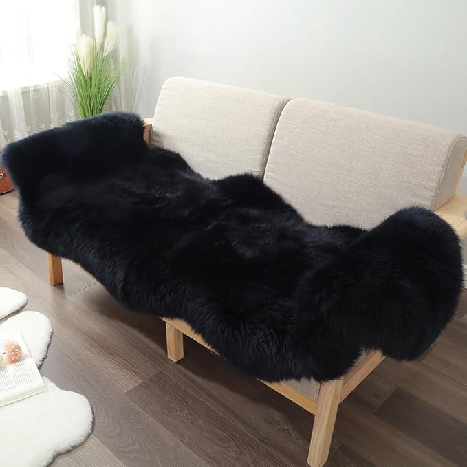 IRIWOOL Premium Genuine Fur Sheepskin Rug Real Australia Sheepskin Natural Luxury Fluffy Lambskin Fur Area Rug Seat Covers for Kids Bedroom Sofa Chair Cover (Black, Double Pelt/2ft x 6ft)