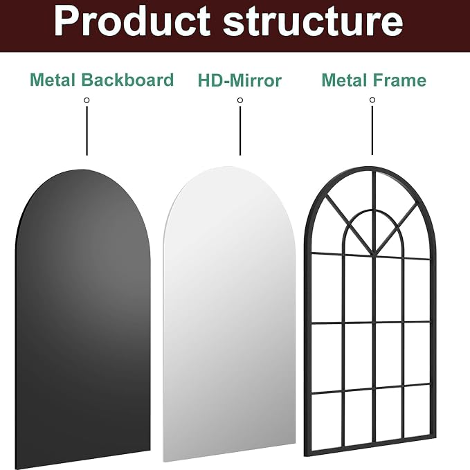 Dewfig Arch Wall Mirror Mounted Decorative, 24"x42", Arched Window Pane Mirror for Wall-Mounted for Entryway, Bathroom Vanity, Living Room or Bedroom, Iron Frame, Black
