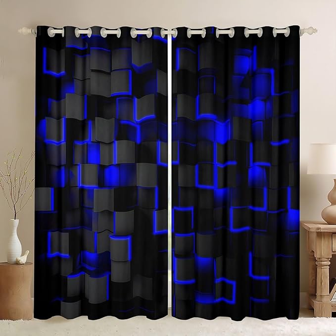 Feelyou Blue and Black Darkening Drapes (2 Panels, 52 x 96 Inch) Light Geometric Curtains for Bedroom Living Room Girls Decor Blackout Curtains Modern Style Window Treatments