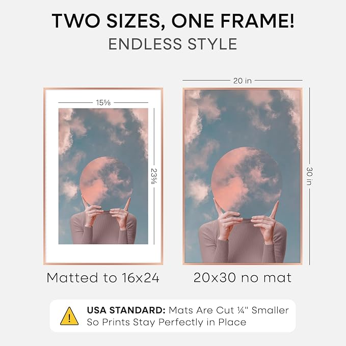Homeforia 20x30 Frame Rose Gold, High End Metal 20x30 Picture Frames with Mat 16x24 inch Photo, 20 x 30 Rose Gold Poster Frame Matted to 16 by 24, 30x20 Large Frame, Tempered Glass, Wall Kit, Set of 1