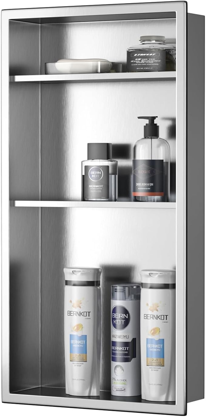Stainless Steel Shower Niche 24" X 12" Brushed No Tile Needed Vertical Niche Shower with Three-Tier Shelves Recessed Wall Niches for Bathroom Storage Over Mount Installation