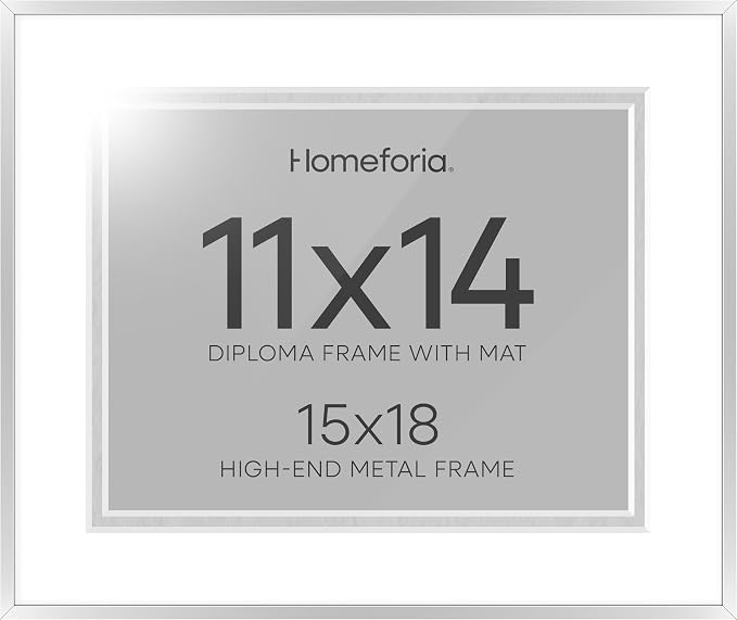 Homeforia 15x18 Diploma Frame Silver, High End Metal 15 x 18 Certificate Frame with Mat for 11 x 14, 15by18 Document Frame Matted to 11x14, Graduation Degree Frames, Tempered Glass, Wall Kit, Set of 2