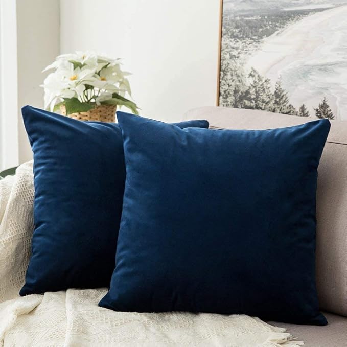 MIULEE Pack of 2 Velvet Pillow Covers Decorative Square Pillowcase Soft Solid Cushion Case for Spring Sofa Bedroom Car 26x26 Inch Dark Blue