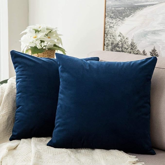 MIULEE Velvet Throw Pillow Covers 14x14 Inch, Pack of 2 - Dark Blue, Soft Solid Small Decorative Pillow Covers Modern Luxury Home Decor for Couch Chair Sofa Bedroom Livingroom Car