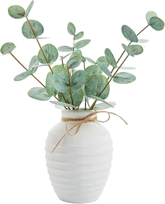 Artificial Eucalyptus Stems in Ceramic Vase 13 Inch Fake Eucalyptus Plant with Round Leaves Faux Greenery Table Centerpiece for Bathroom Shelf Living Room Home Decor