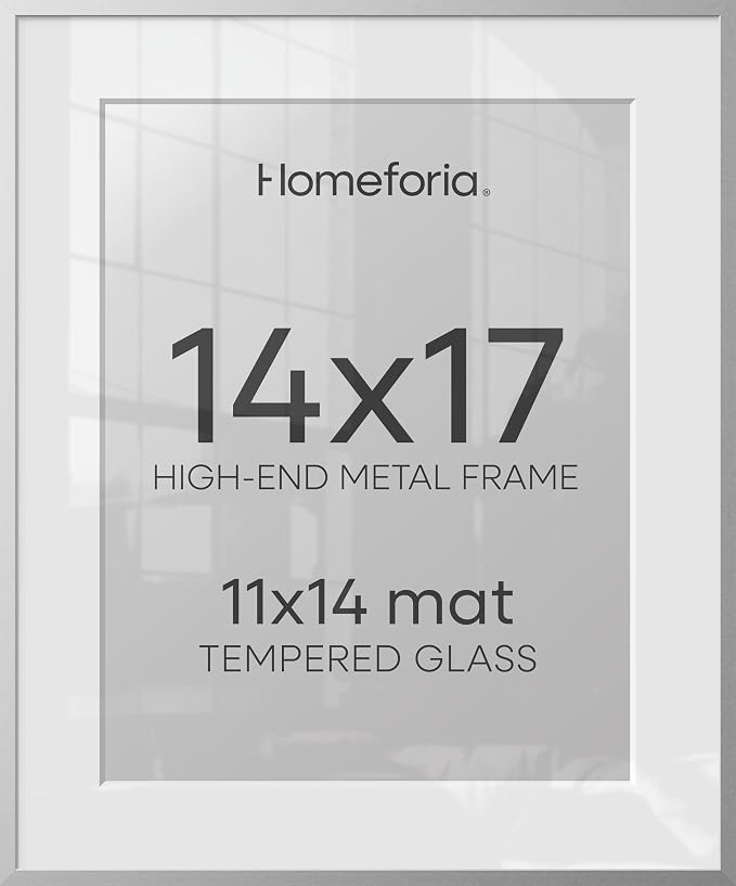 Homeforia Silver 14x17 Picture Frame, High End Metal 14 x 17 Frame with Mat 11 by 14 in Photo, 14x17 Silver Poster Frame Matted to 11x14 Print, 17x14 Hanging Frames, Tempered Glass, Wall Kit, Set of 1