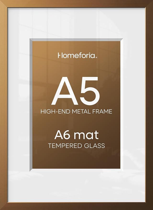 Homeforia A5 Picture Frame Bronze, High End Metal 5.8 x 8.3 Frame Matted to 4.1 x 5.8 Photo, A5 Frame with Mat A6 Art, 5.8x8.3 Poster Frames, 8.3x5.8 Display Frames, Tempered Glass, Wall Kit, Set of 2