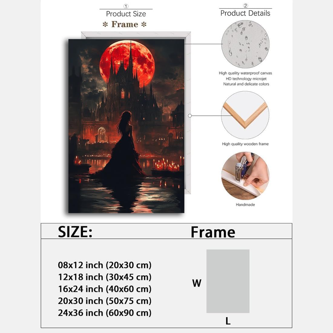 Halloween Witch Poster Canvas Prints Art Vintage Decor,Red Castle Blood Moon and Witch Scene Gothic Painting,Rustic Dark Academia Wall Art for Bathroom Spooky Living Room Wall Decor,24"x36" Framed