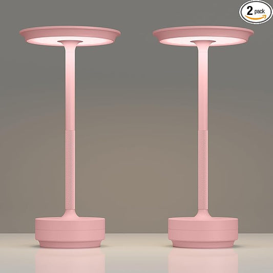 TBBGA 2 Pack Rechargeable Cordless Table Lamps, Portable 5000mAh Outdoor Table Light, 3 Color Stepless Dimming LED Table Lamp with Memory Function, for Home/Dinner/Patio/Restaurant.(Pink)