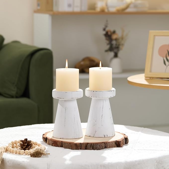 Wood Candle Holders for Pillar Candles, Set of 2 Vintage Rustic Tall Modern Farmhouse Decor, Decorative Wooden Candlestick Stand for Fireplace Mantel, Table Centerpiece - Distressed White