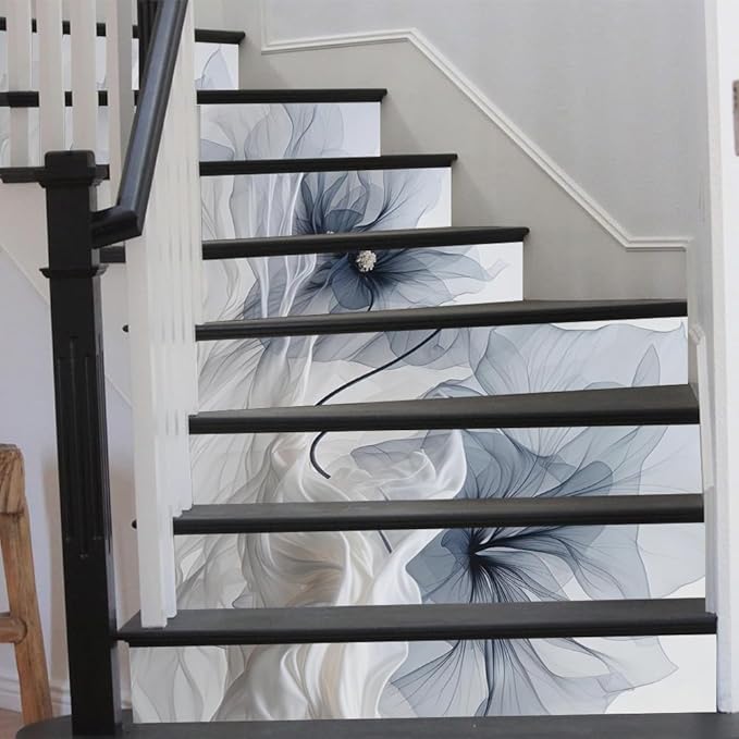 REDAMANCY Modern Grey/Navy/Blue Poppy Floral Peel and Stick Vinyl Stair Riser Decals Staircase Tile Stickers Decor Modern Marble Decoration Self-Adhesive(14 Pcs)
