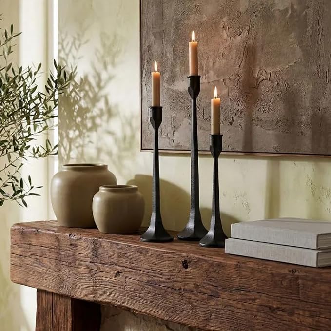 Black Iron Taper Pillar Candle Holders Set of 3, Candlestick Holders Rustic Vintage Decorations, Tall Candle Stand for Home Decor Mantle Dining Coffee Table Outdoor Wedding-11.8"+13.8"+15.4"