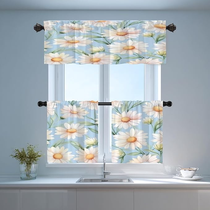 Shrahala Daisies Leaves Blackout Curtain Tiers, White Daisies On Blue Kitchen Valance Light Blocking Tier Drapes with Rod Pocket, 2 Pack 26 X 36 in