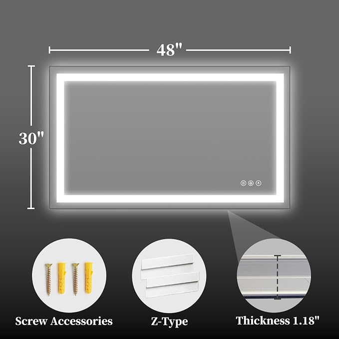 48"x30" LED Bathroom Mirror with Lights, Backlit + Front Lit with CRI>90, Lighted Mirror for Bathroom, Anti-Fog, Dimmable Brightness, 3 Colors, Memory Function, Shatterproof Tempered Glass