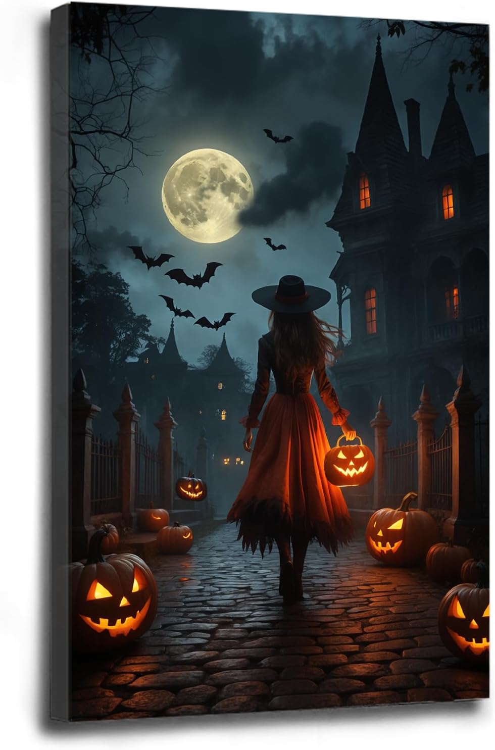 Halloween theme poster moonlit autumn night witch vintage poster art print dark college style gothic painting canvas wall decoration bedroom living room ideal gift24x36in Wood Framed