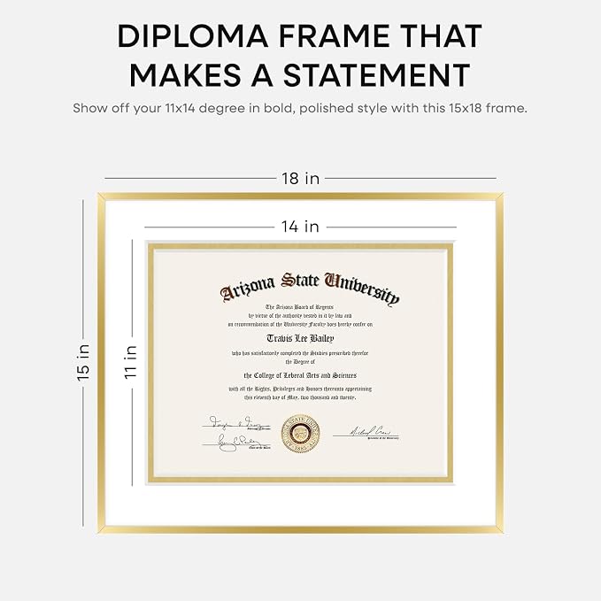 Homeforia 15x18 Diploma Frame Gold, High End Metal 15 x 18 Gold Certificate Frame with Mat 11 x 14, 18by15 Document Frames Matted to 11x14, Graduation Degree Frames, Tempered Glass, Wall Kit, Set of 2