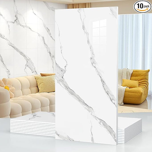 10pcs Thick Marble Peel and Stick Waterproof Wall Panels,Heat-Resistant Backsplash Tile, 23.6"x11.8" PVC Foam Wall Sticker for Kitchen,Living Rooms,TV Walls,White Gray (Not Real Tile 19.4Sq. Ft.)