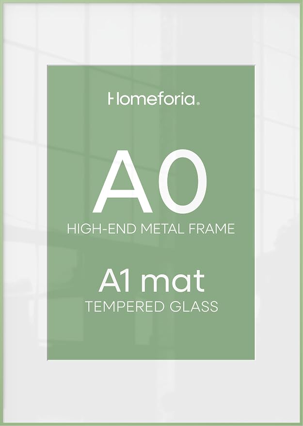 Homeforia A0 Poster Frame Sage Green, High End Metal A0 Large Picture Frames with Mat A1 Photo, 33.1 x 46.8 Frames Matted to 23.4 x 33.1 Print, 33.1x46.8 Thin Frame, Tempered Glass, Wall Kit, Set of 1