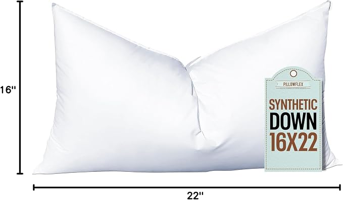 Pillowflex Synthetic Down Pillow Insert - 16x22 Down Alternative Pillow, Ultra Soft, Large Rectangle, Lumbar, Back, Neck, Sleeping Pillow - 1 Decorative Pillow Form