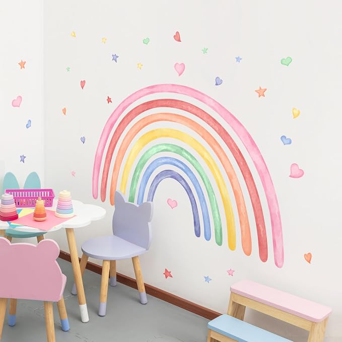 42" x 26" Rainbow Wall Decals Stickers for Girls Nursery Peel and Stick Watercolor Rainbow Hearts Stars Vinyl Wall Mural for Kids Toddlers Bedroom Playroom Classroom
