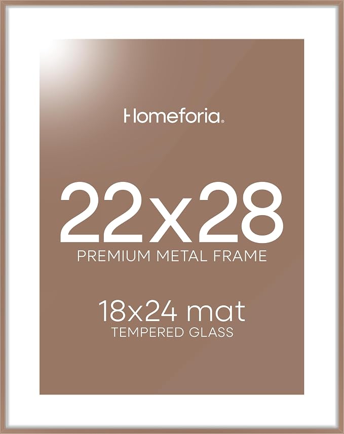 Homeforia 22x28 Poster Frame Mocha, High End Metal 22 x 28 Large Picture Frames with Mat 18 x 24 for Photo, 22x28 Thin Frame Matted to 18x24 inch Print, 28x22 Frame, Tempered Glass, Wall Kit, Set of 1