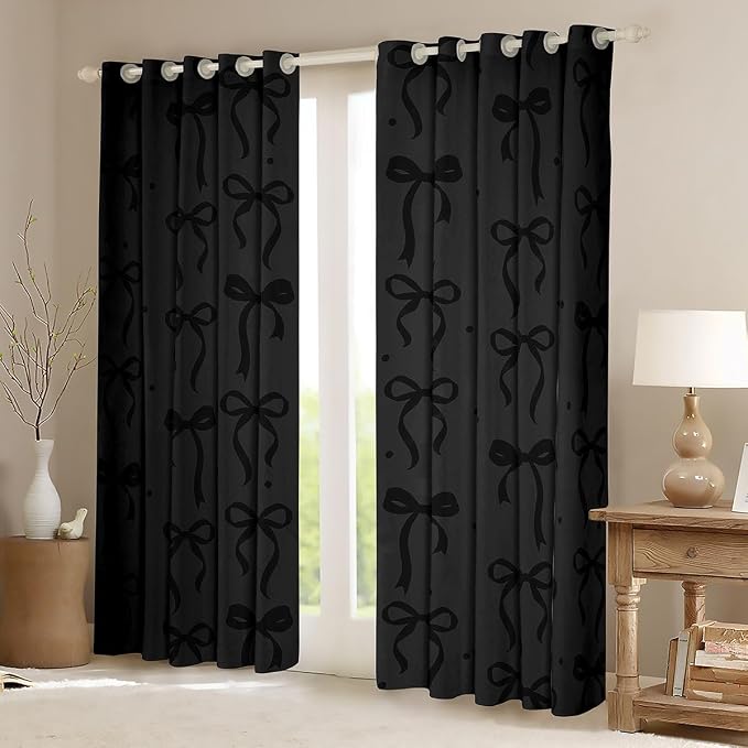 Feelyou Girls Bow Blackout Curtains Black White Bowknot Darkening Drapes for Bedroom Living Room Coquette Aesthetic Thermal Insulated Shades Kawaii Princess Window Treatments, 2 Panels 42 x 90 Inch