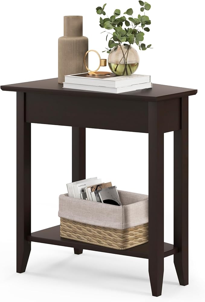 Giantex Wedge End Table, Triangle Side Table with Storage Shelf and Solid Wood Legs, Recliner Table, 24.5" Tall Nightstand, Modern Narrow Accent Table for Small Space Living Room, Espresso
