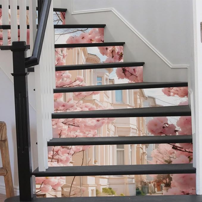 REDAMANCY Romantic Pink Cherry Flowers Lane Landscape Peel and Stick Vinyl Stair Riser Decals Staircase Tile Stickers Decor Modern Marble Decoration Self-Adhesive(14 Pcs)