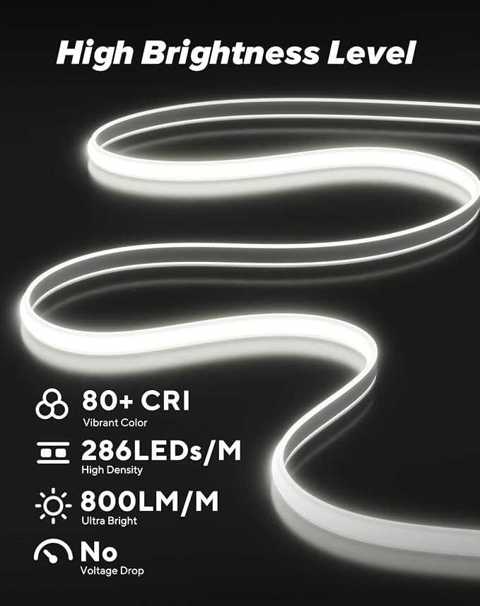 Shine Decor COB LED Rope Light AC 120V, 800lm Ultra Bright, IP65 Waterproof Cold-Resistant ETL Neon Strip, No Driver Tape Lighting for Home Commercial 10x4.5mm, 6000K Cool White, 131.2ft